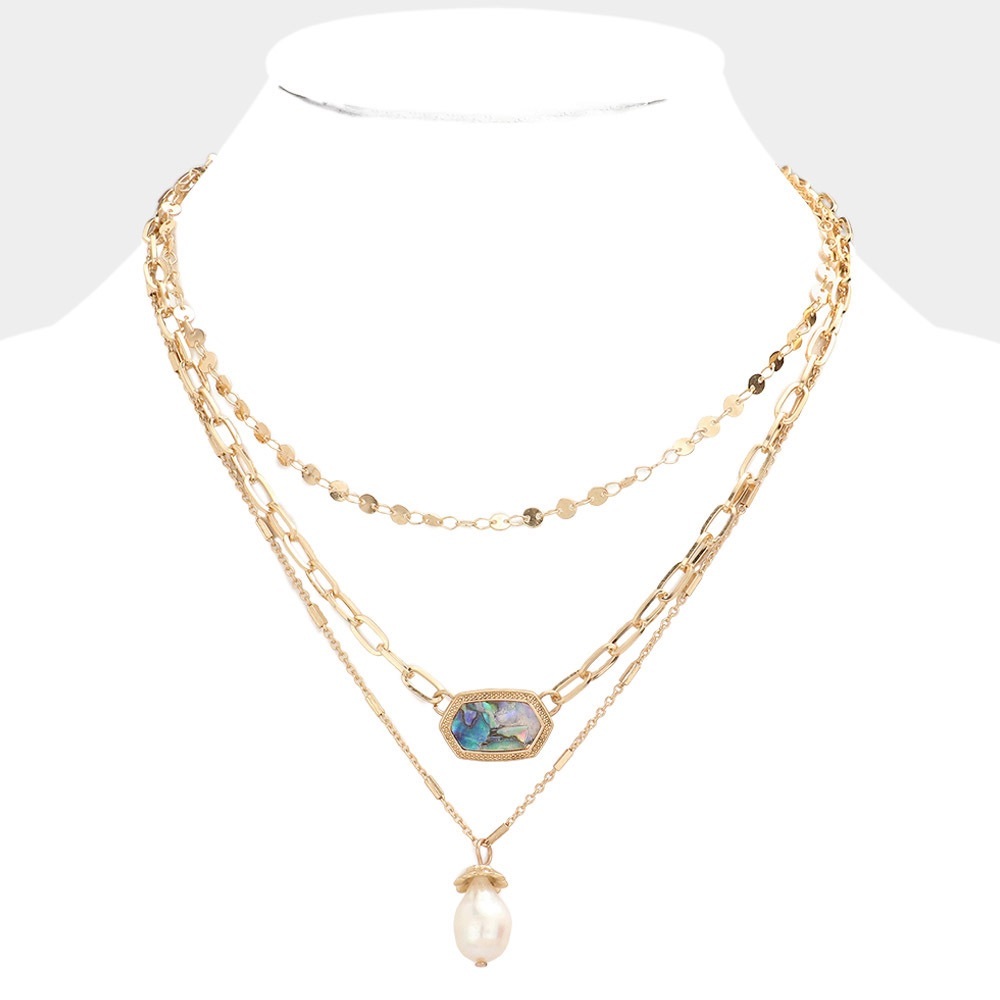 Gold abalone pendant layered necklace